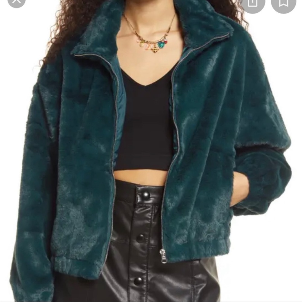 BP Crop Faux Fur Jacket In Green Moss Small